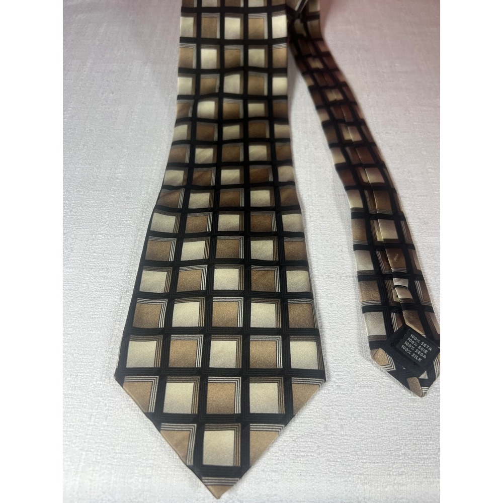 90s Big & Tall aGiorgio Brutini Mens Silk Necktie Gold Tan Black Geometric
